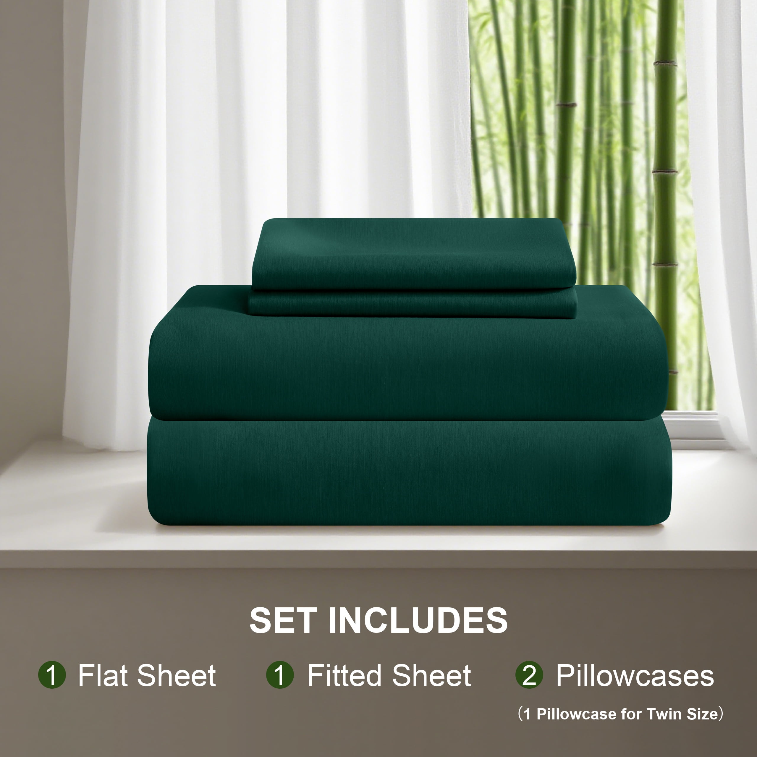 Ultra Soft Bamboo Sheet Set of 4, Durable and Cooling Bamboo Fiber Bed Sheet Set, Queen, 1 Flat Sheet +1 Fitted Sheet +2 Pillowcases, Emerald Green
