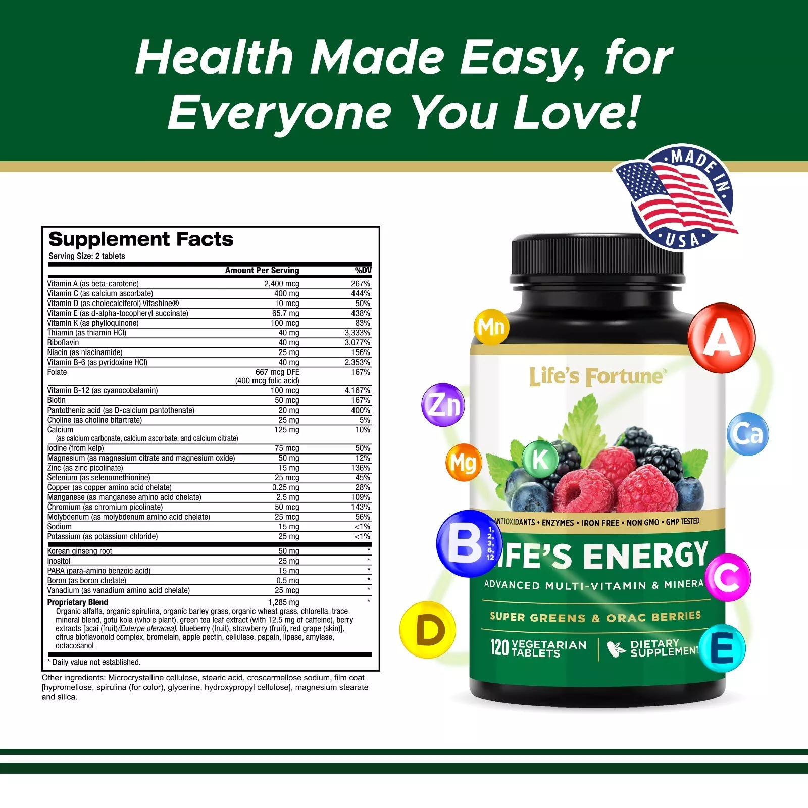 Life's Fortune Life's Energy Advanced Multi-Vitamin and Mineral Non-GMO - Super Greens - ORAC Berries - Antioxidants - Enzymes - Iron Free - GMP Tested, 120 Veggie Tablets