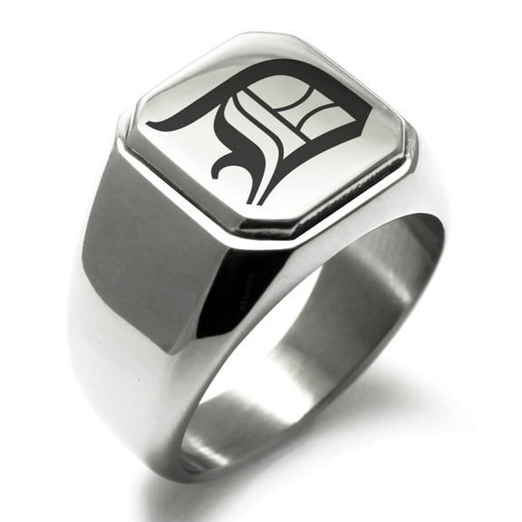 Tioneer Stainless Steel Letter D Initial Old English Monogram Engraved Engraved Square Flat Top Biker Style Polished Signet Ring