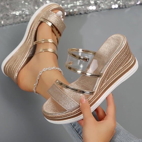 GERsome Women's Platform Wedge Sandals Open Toe Slip-On Slides Comfort Heels Summer Shoes, Gold Size 6.5