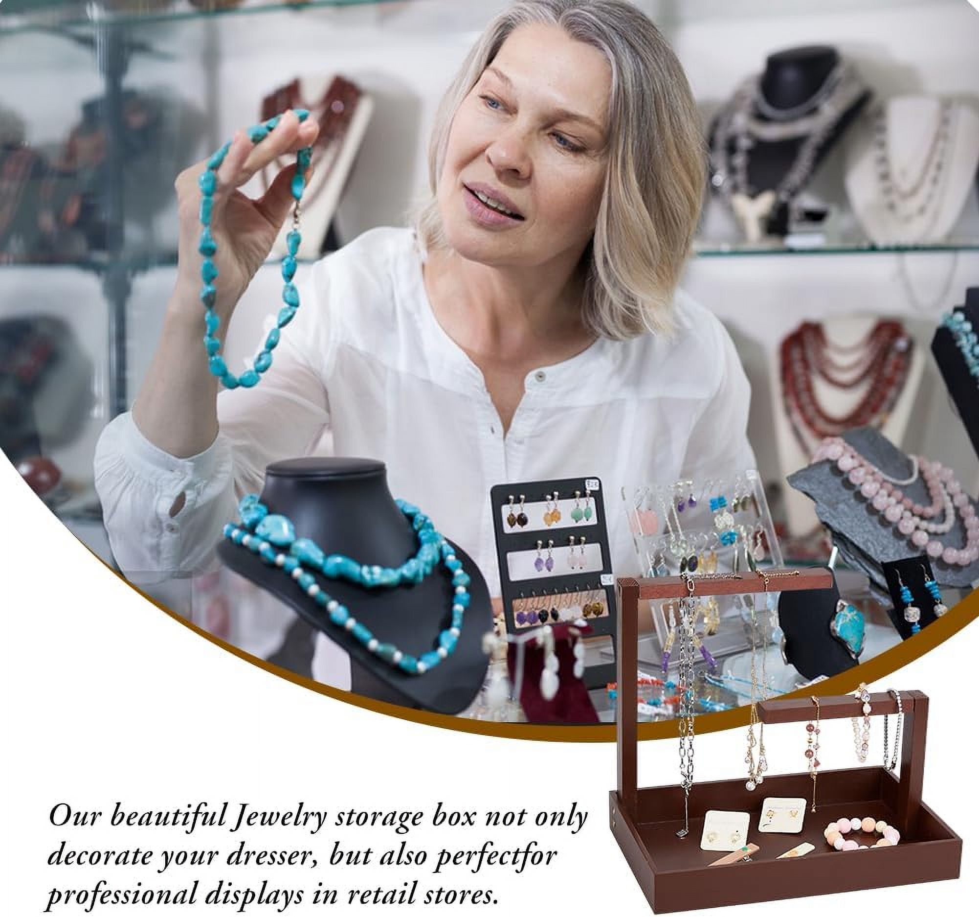 Wood Jewelry Display Stands Rectangle Jewelry Organizer Holder Coffee Necklace Hanging Organizer Rack with Tray for Bracelets Watches Earrings Rings DIY