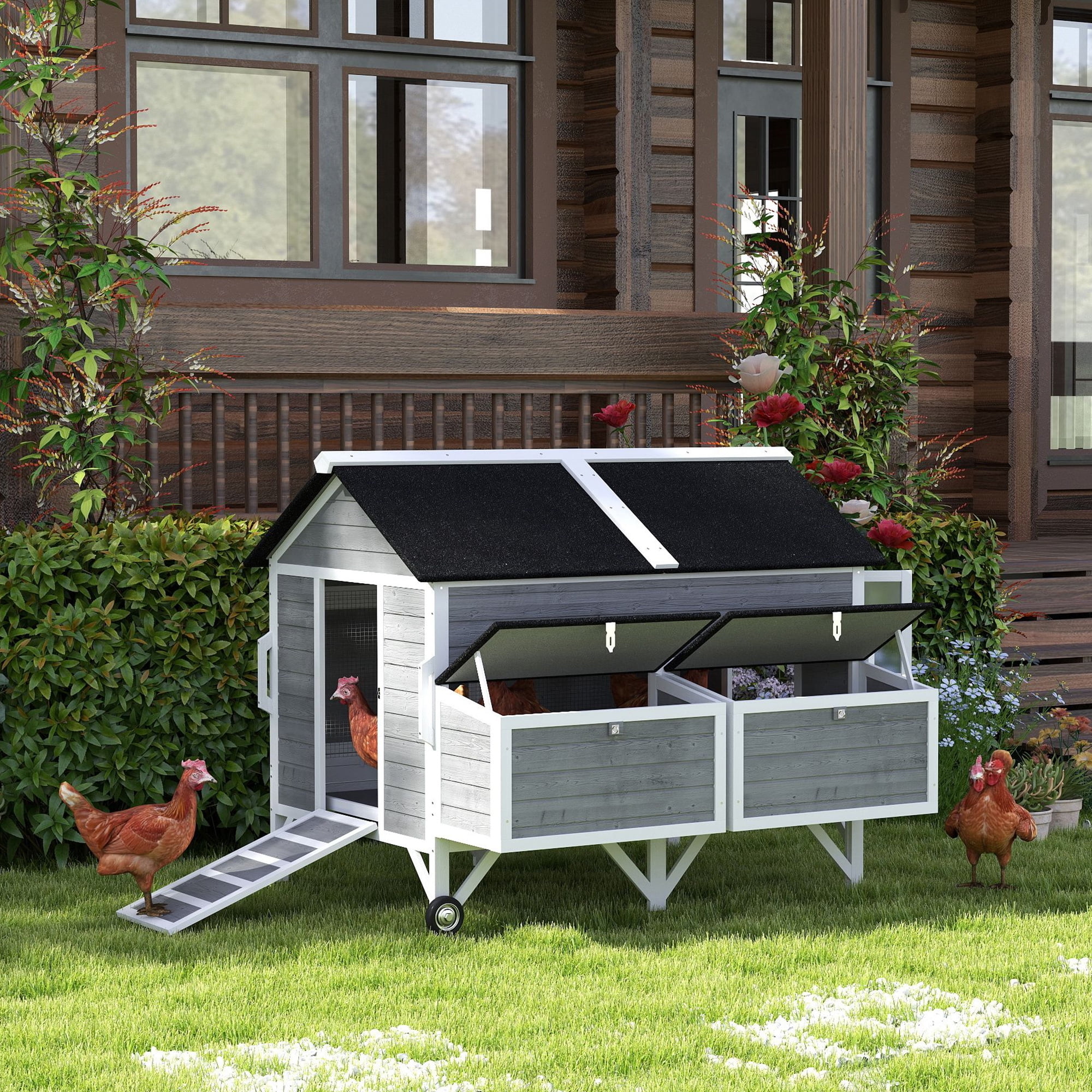 PawHut 59" Wooden Chicken Coop, Mobile Chicken Tractor with Wheels, Handles, 2 Nesting Boxes, 2 Trays, 4 Perches, for 4-6 Chickens, for Backyard, Gray