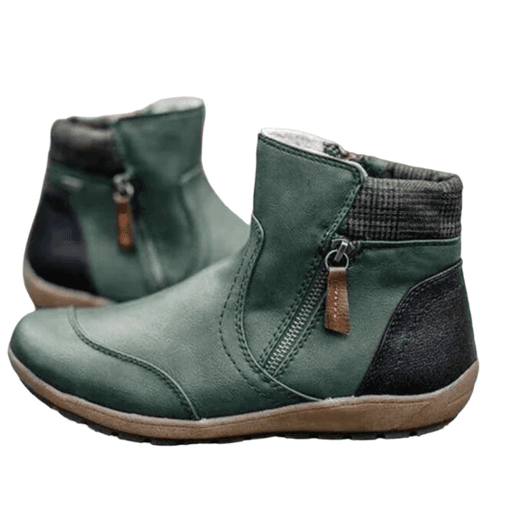 Winter Retro Leather Patchwork Martin Boots for Women - Comfortable Flat Sole Zip-Up Design, Plus Size Ladies' Ankle Boots, Versatile for Daily & Office Wear