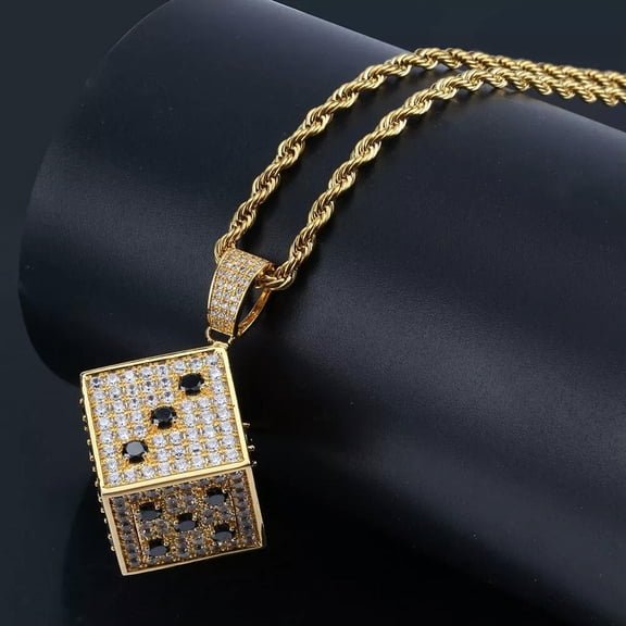 HOOUN Men's Amulet 14k Gold Plated Rhinestone Dice Necklace Pendant Fashion Jewelry
