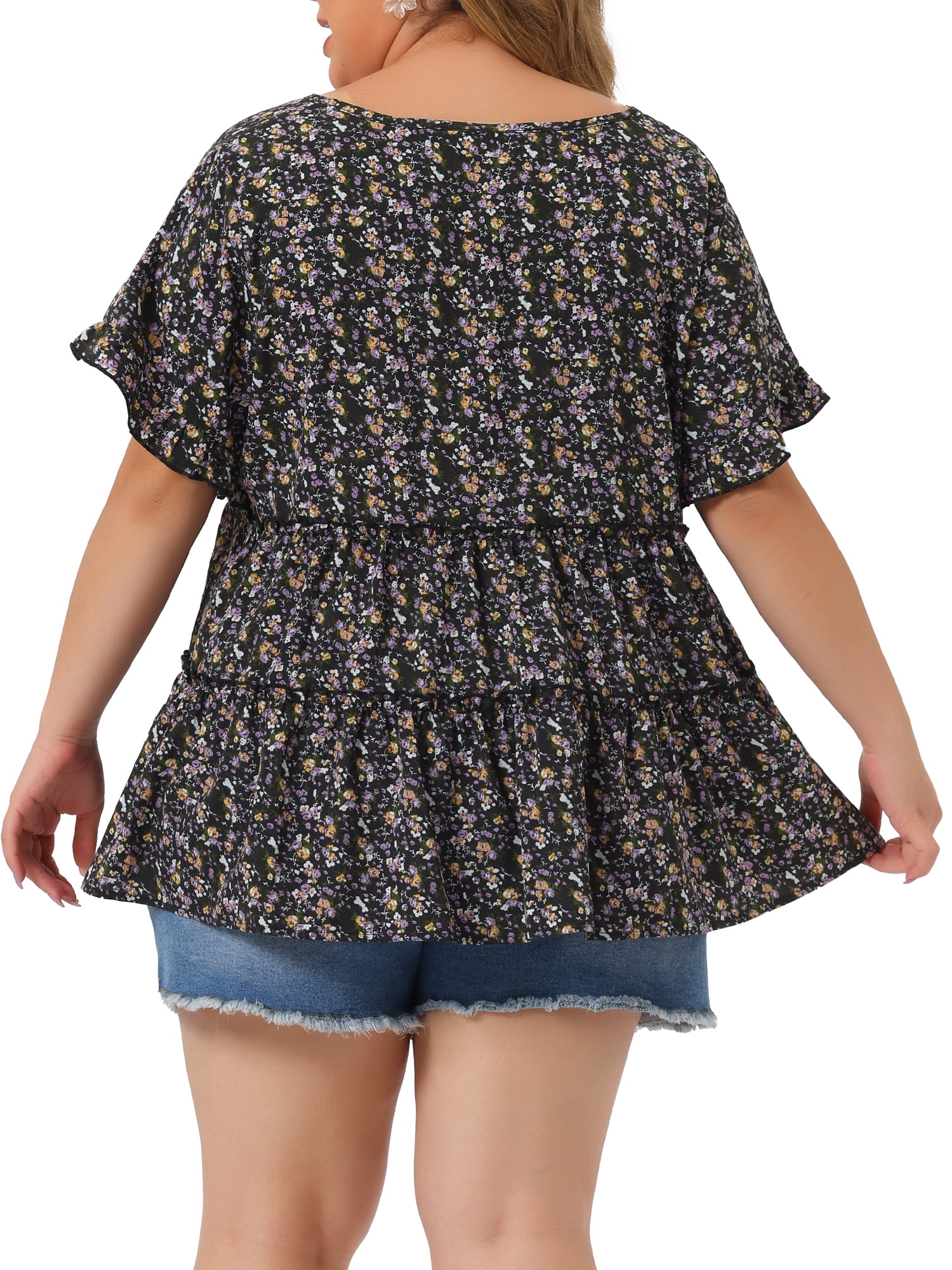 DARING DIVA Women's Plus Size V Neck Short Sleeve Floral Babydoll Blouse L Black Purple
