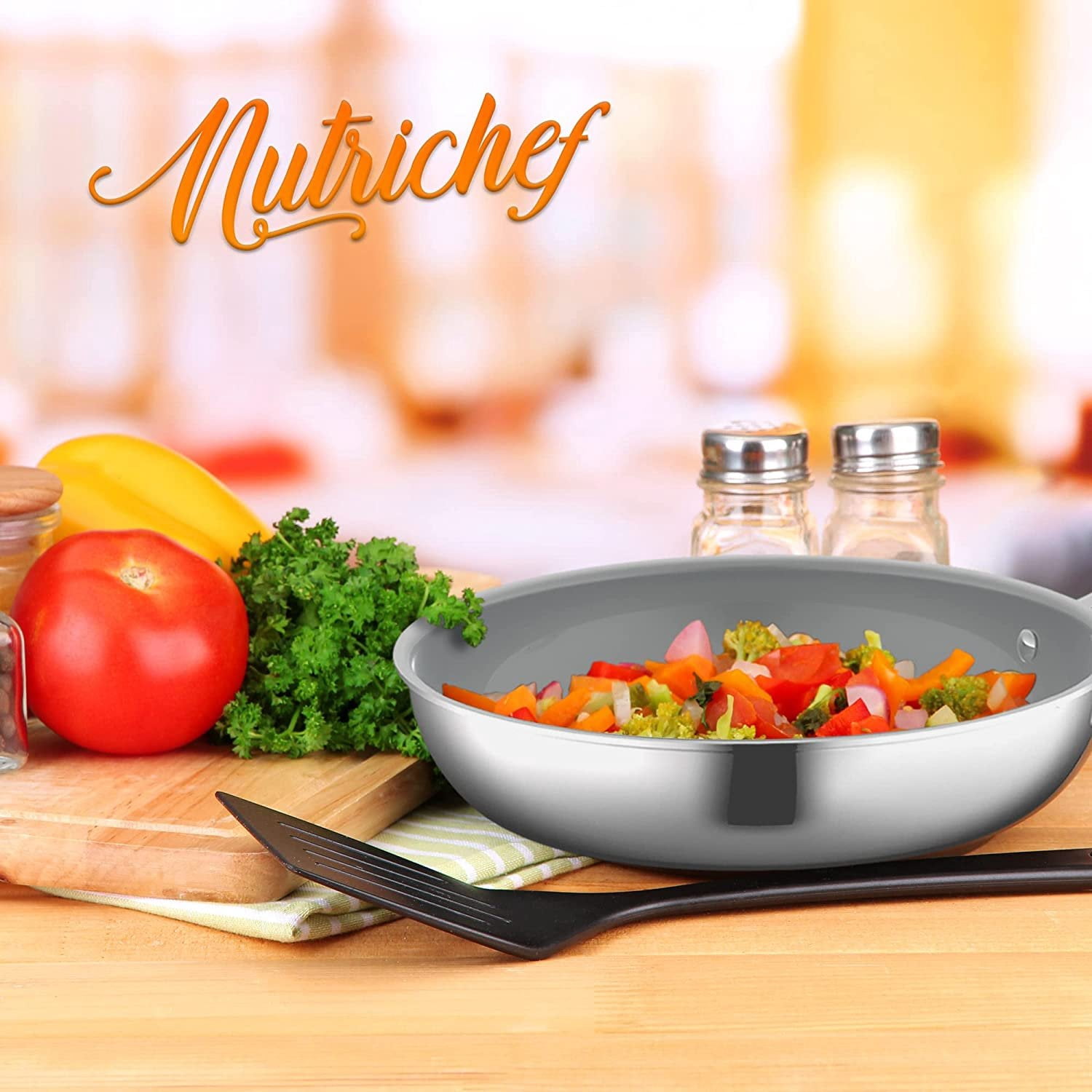 NutriChef Hollowed Cast Handles - Frying Pan Kitchen Cookware W/ Durable Ceramic Non-Stick Coating