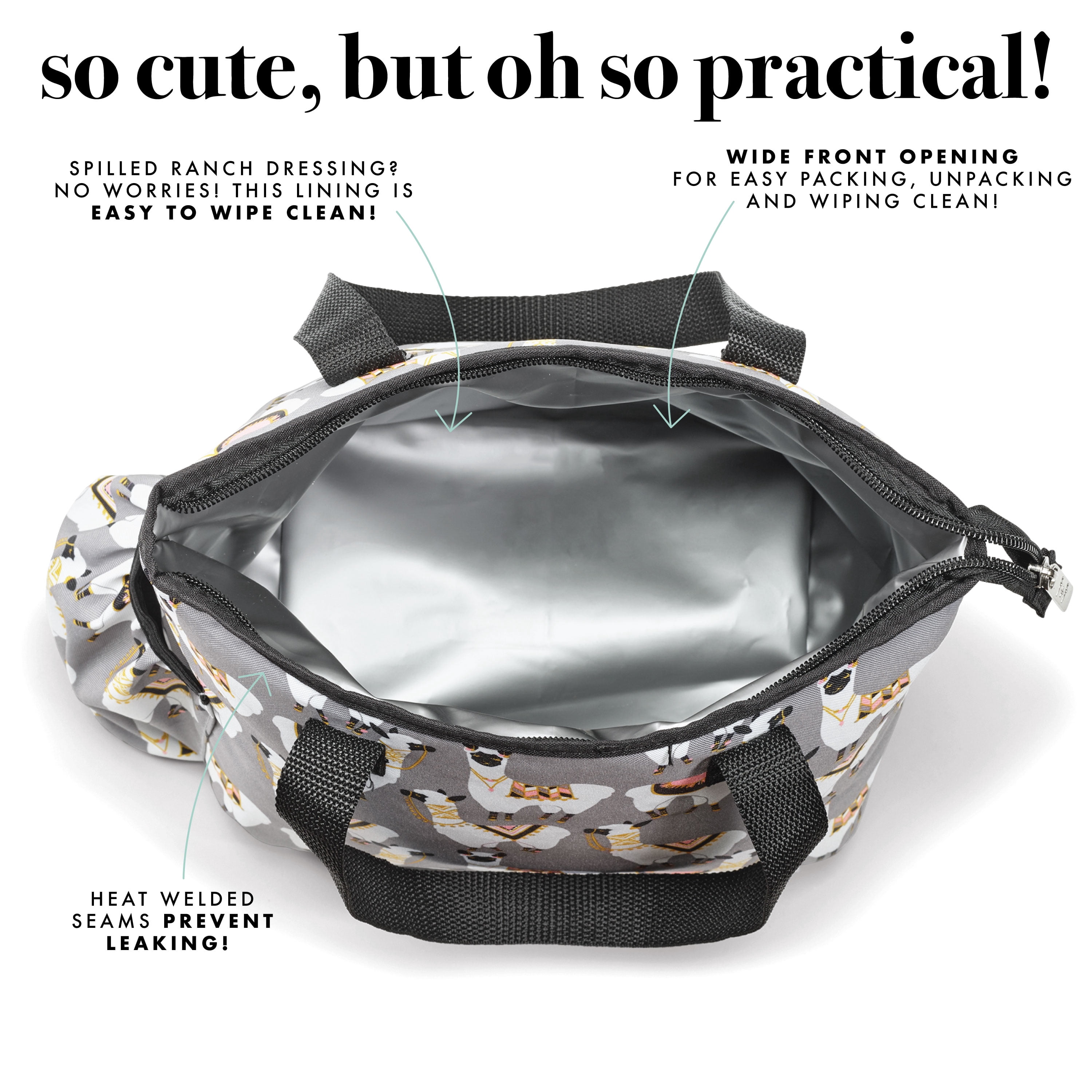 Fit + Fresh Women's Fashion Insulated Leak-Proof Lunch Bag with Zipper Top and Salad Container - Gray Llamas
