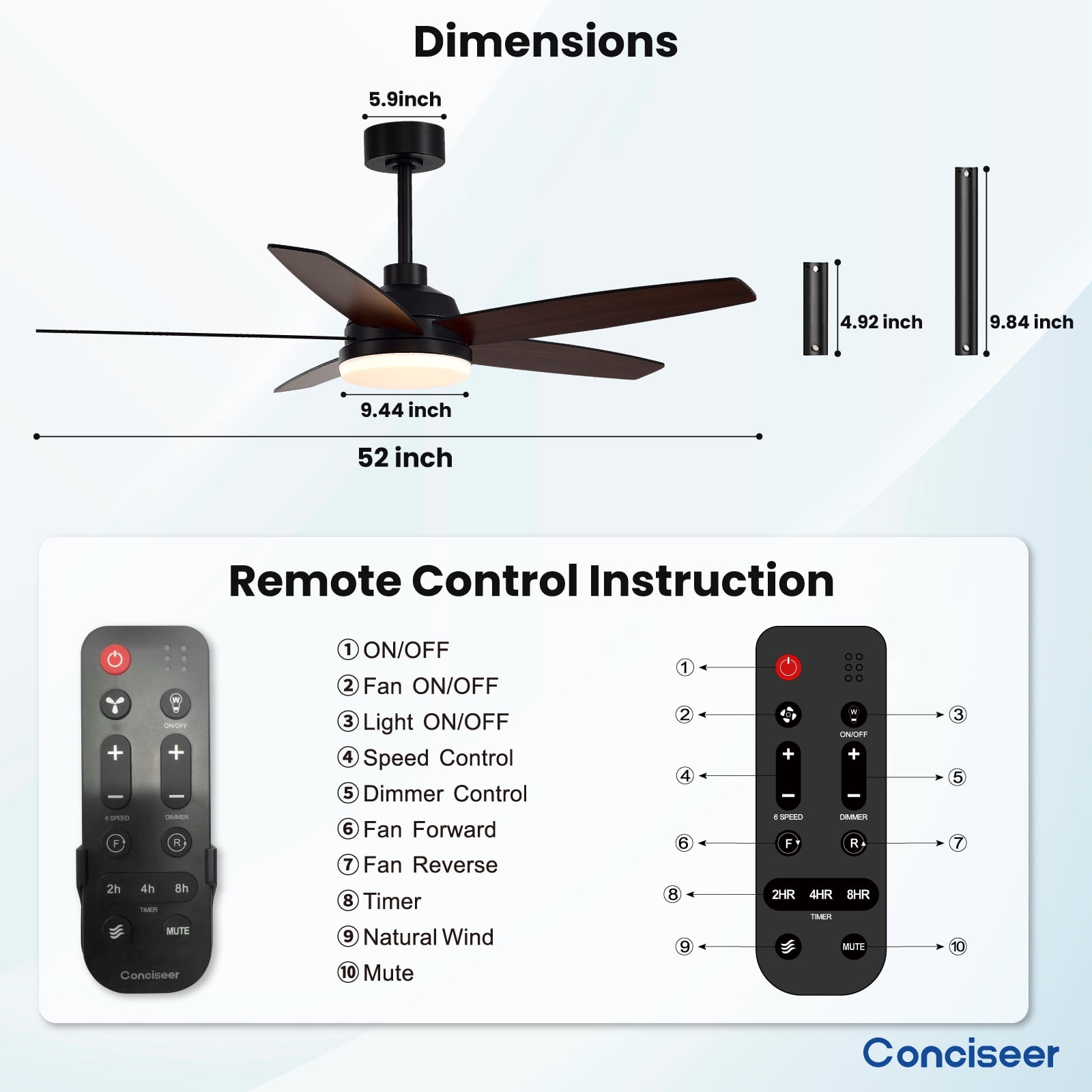 52 Inch Ceiling Fans with Lights,  Modern Ceiling Fan with Light and Remote for Bedroom Living Room Kitchen Home Office, Indoor/Outdoor Use, 3CCT Dimmable,  Dual Color 5 Blades 6 Speed Rever
