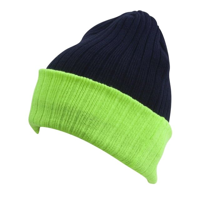 Top Headwear Cable Knit Long Winter Beanie - Navy/Green