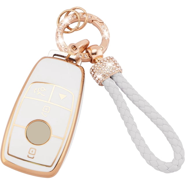 for Mercedes Key Fob Cover Soft TPU Key Case Protector Fit for Mercedes Benz 2017-2021 E-Class, 2018-2021 S-Class, 2019-2021 A-Class C-Class G-Class 4 Buttons with Bling Keychain,1,white