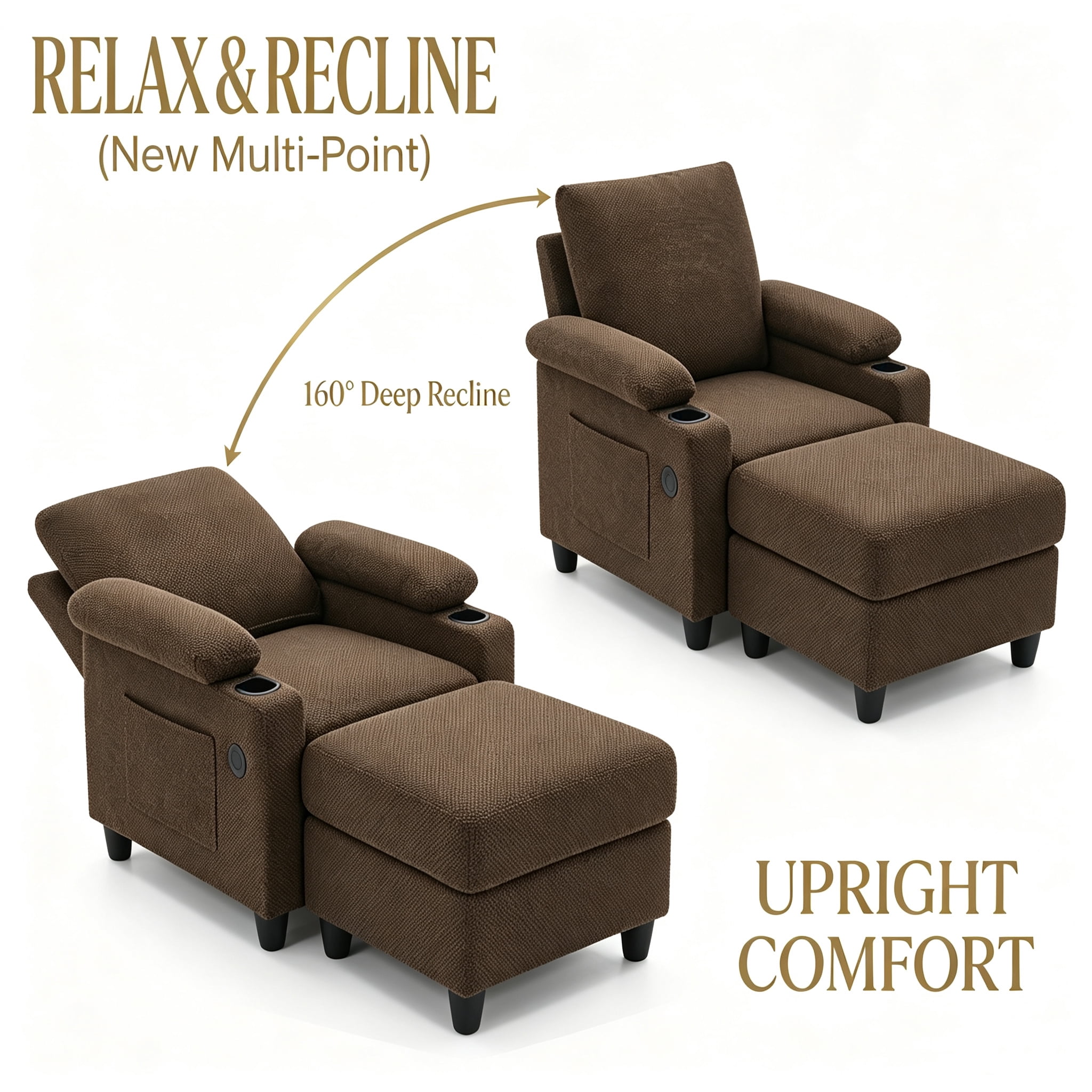 Aukfa Accent Chair with Storage Ottoman & Cup Holders, Convertible Sleeper Recliner Lounge Chair with Adjustable Backrest, USB-C Port & Side Pocket, Brown