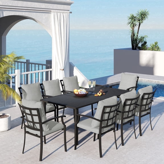 HAPPATIO 9-Piece Patio Dining Set, Outdoor Dining Set with Powder-Coated Metal,Dining Table with Umbrella Hole, 8 Stackable Chairs with Removable Cushions for Porch Poolside Garden,Grey