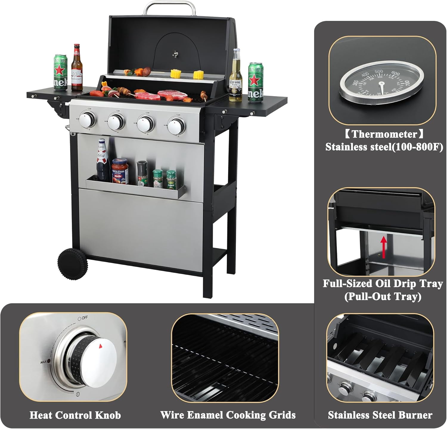 YINGYING 3-Burner Propane Gas Grill,  36900TU Output Stainless Steel BBQ Grill with Wire Enamel Cooking Grids & Foldable Side Table for Outdoor Backyard Barbecue