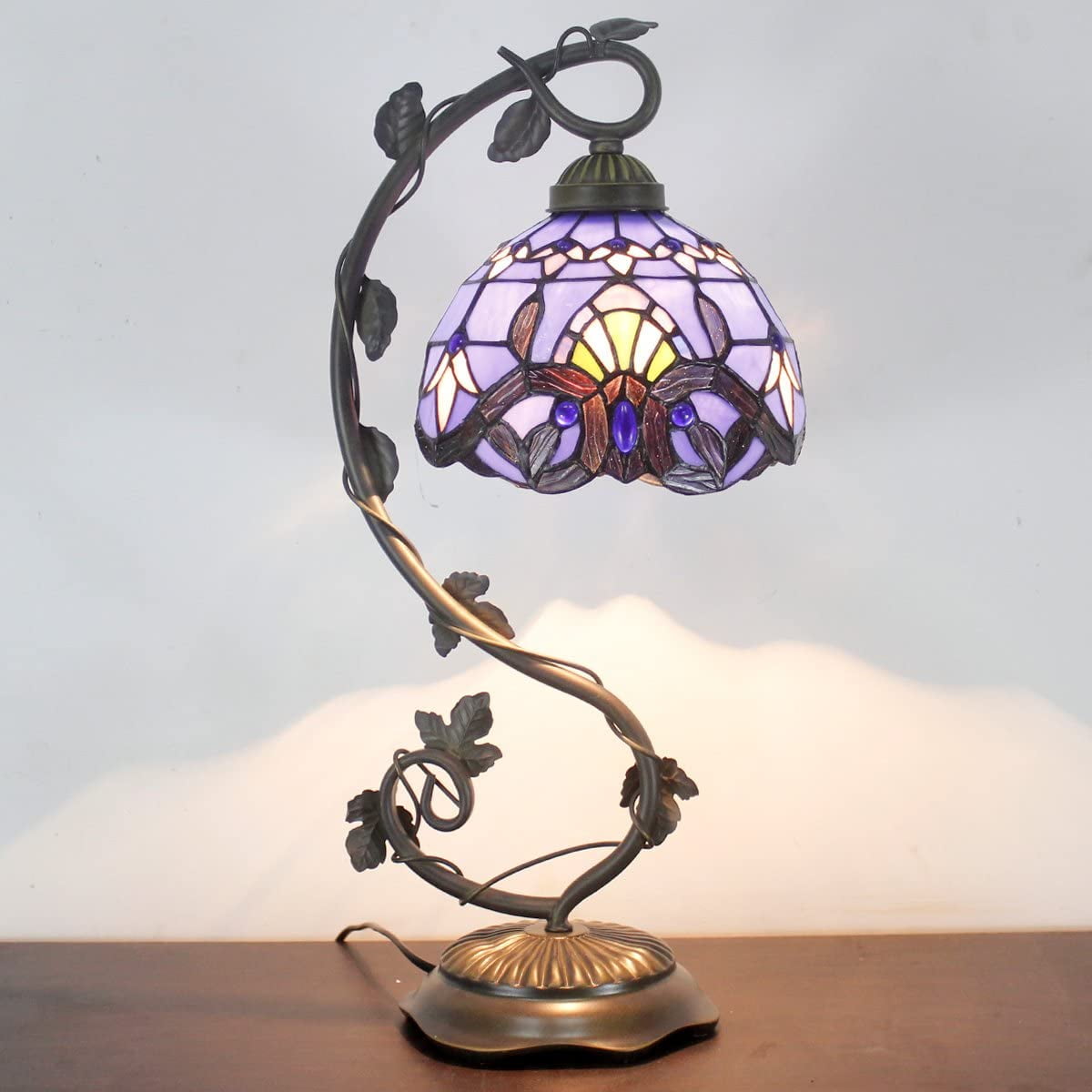 Bedside Table Lamp, Stained Glass Lamp Minimalist Tiffany Style Banker Desk Light with Metal Leaf Thin Base for Small Space of Living Room, Bedroom, Kids Room,Dorm, Dresser, Office(LED Bulb Included)