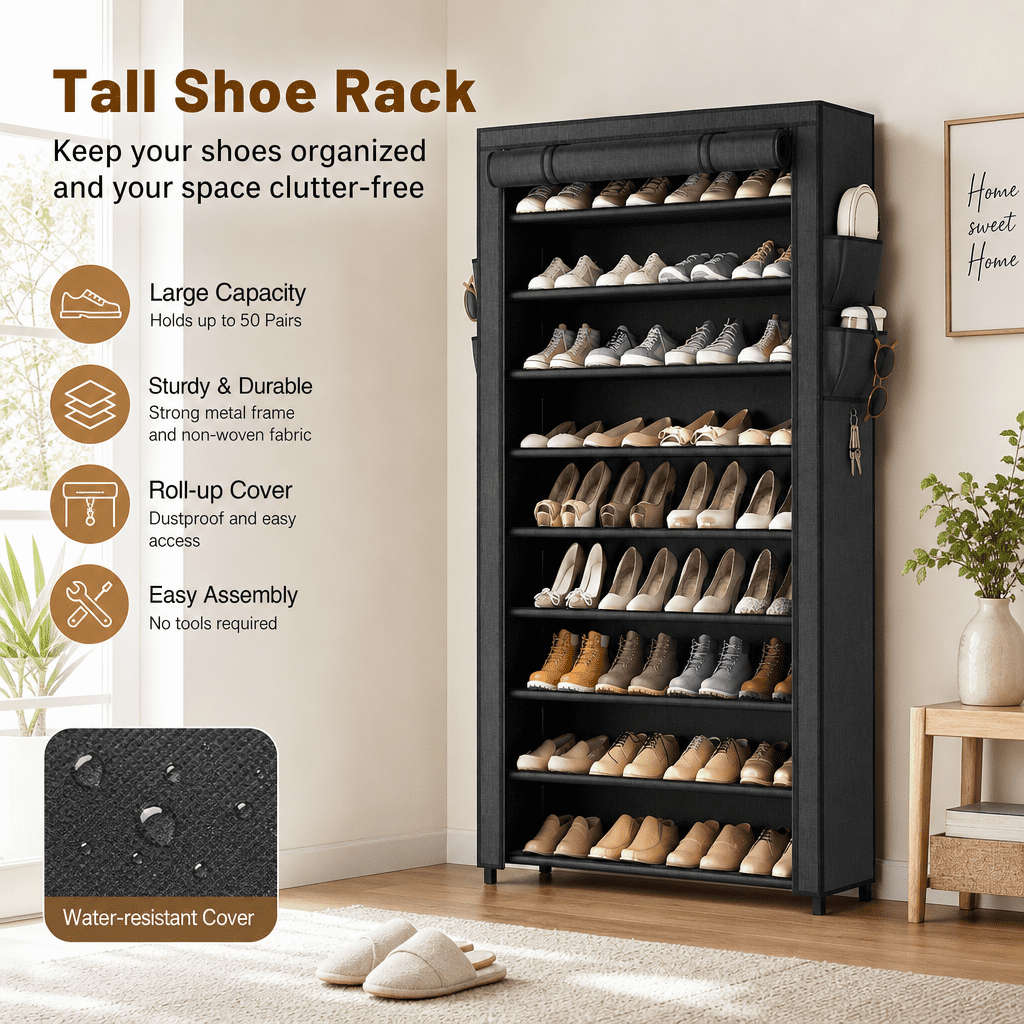 10-Tier Vertical Shoe Rack Storage with Cover, Holds up to 40 Pairs of Shoes, 40 Count, 1 Pack