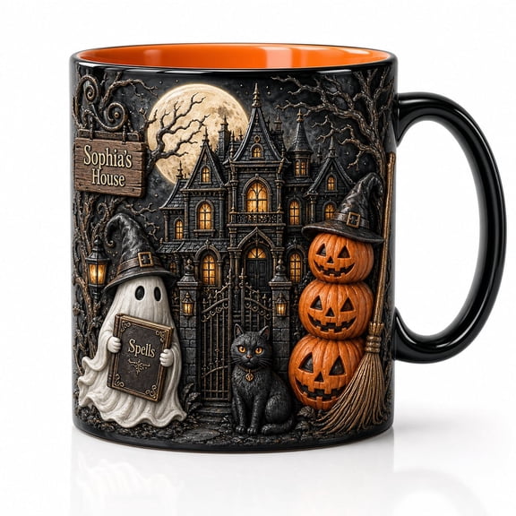 Personalized Haunted House Name Mug, Spell Book Ghost Coffee Mug, Black Cat Witch Hat Mug, Stacked Pumpkin Mug, Halloween Gift
