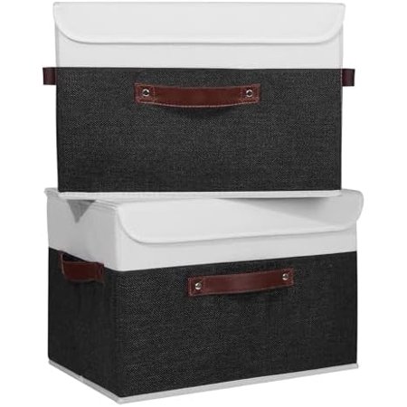 2PCS Storage Boxes with Lid Washable Decorative Storage Bins Basket with PU Leather Handle Foldable Linen Fabric Storage Cubes Containers for Home Closet Organizer - Black White Large Size