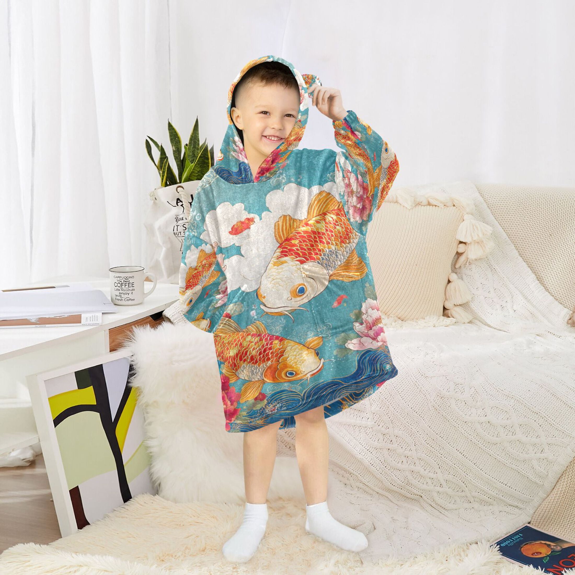 YAZAOO Kids Wearable Blanket Hoodie Warm and Cozy Koi Dance Flannel Sweatshirt