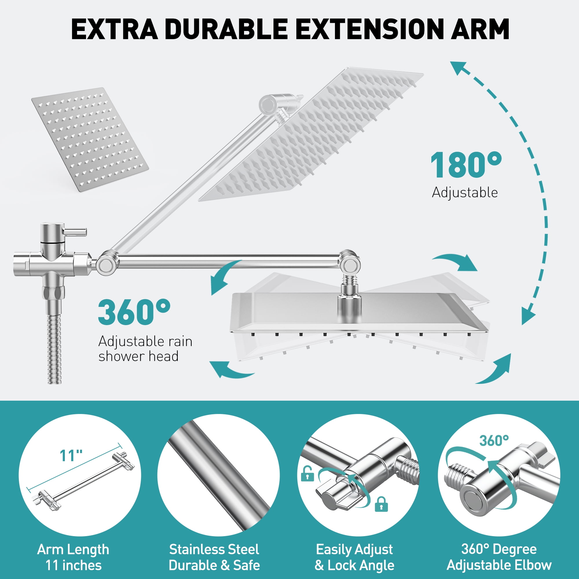 Cshidworld Dual Shower Head Combo, 8" High Pressure Rain Shower Head with 11" Adjustable Extension Arm, 5 Settings Handheld Shower Head with 59" Hose & Holder, Silver Chrome