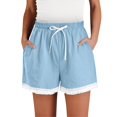 thumbnail image 2 of Only Moment Women's Casual Elastic Waist Lounge Shorts Amboo Hemp Casual Baggy Trendy Hot Pants Elastic Waist Drawstring Comfy Shorts Shorts Sky Blue,XL, 2 of 8