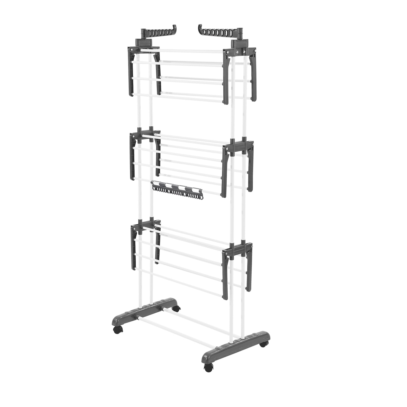 KFFKFF 4-Tier Clothes Drying Rack, Sturdy Laundry Drying Rack with Wheels and 24 Rods, Wings Foldable, Clothes Hanger for Indoor and Outdoor