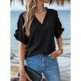 thumbnail image 2 of Womens Ruffle Short Sleeve Summer Tops Loose V Neck T-Shirt Dressy Casual Solid Blouses Black XL, 2 of 4