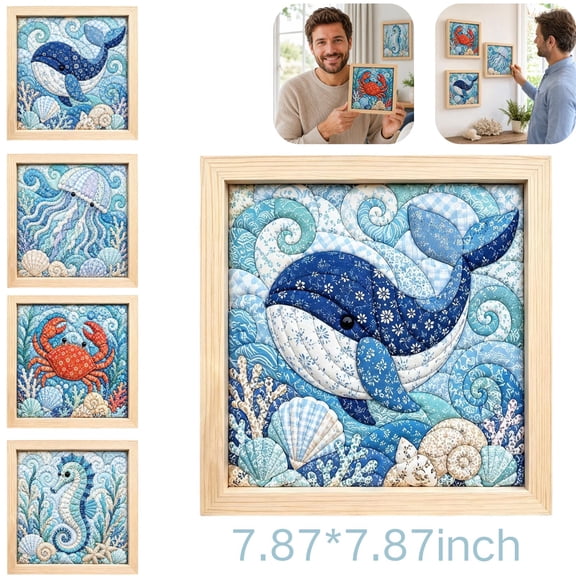 DIY Kinusaiga Fabric Ocean Art Kit No Sew Fabric Mosaic Wall Art Craft Set with Frame Tools for Adults Relaxing Handmade Craft Project,Dolphin