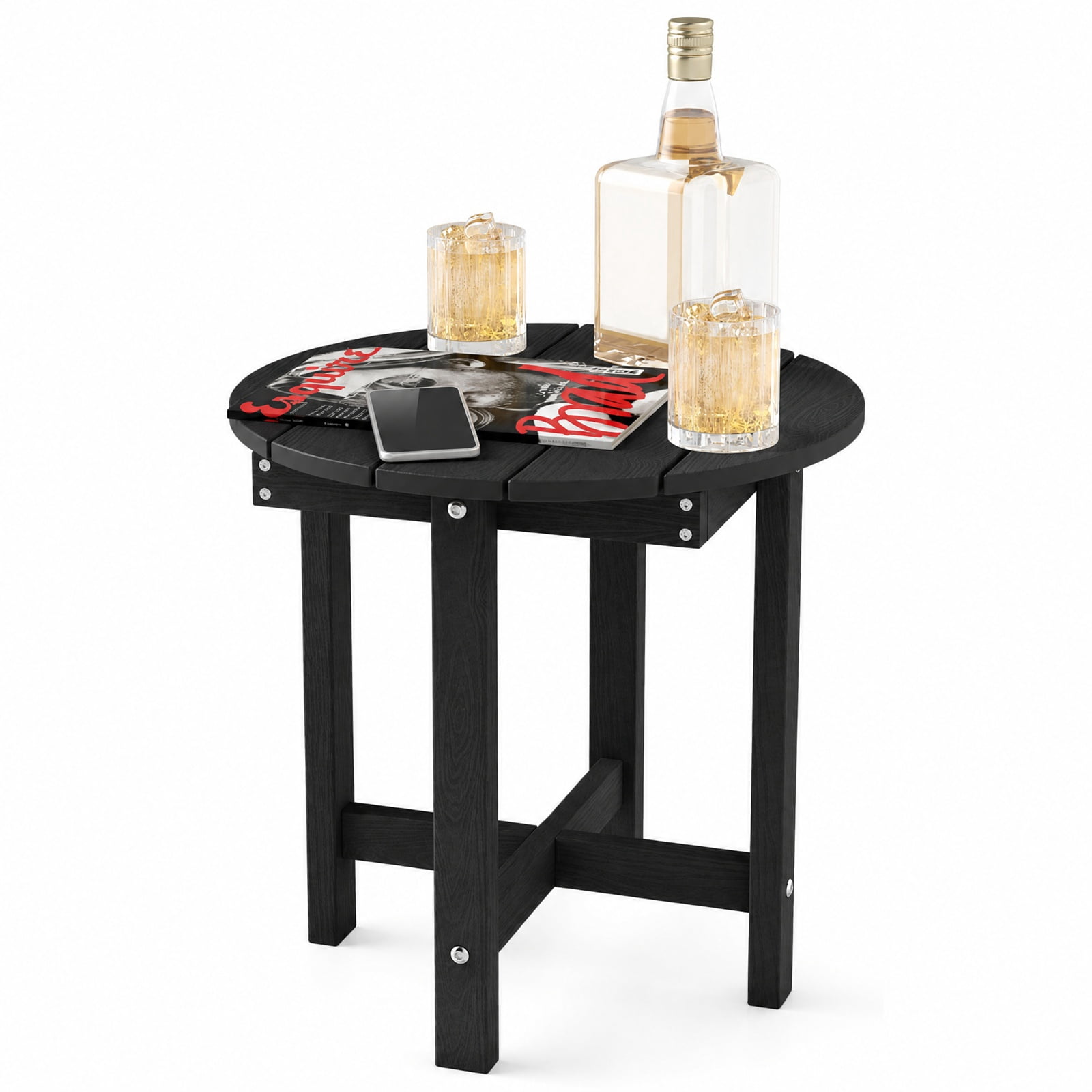Biotree 18 Inch Adirondack Side Table Outdoor, Weatherproof HIPS Slatted End Table with X-Base and 66 lbs Capacity for Deck Backyard Poolside, Black