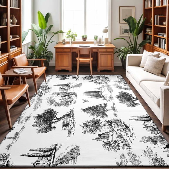 Large Area Rugs 9'x12', Farmhouse Country Carpet Runner Indoor Outdoor Rugs Home Decor Aesthetic, Black Vintage Trees Rustic French Garden Non Slip Mats Washable Accent Rug for Living Room Bedroom