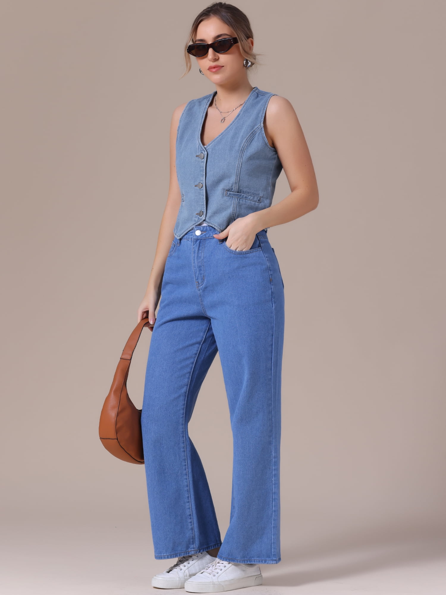 DARING DIVA Women's V Neck Waistcoat Top Casual Jean Vests L Light Blue