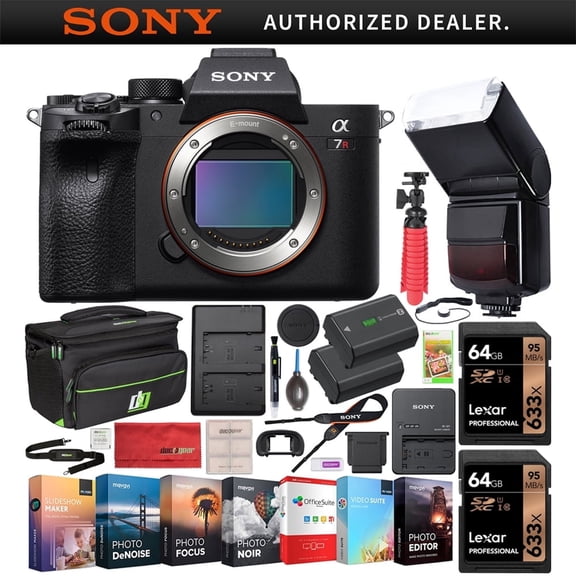 Sony a7R IV 61.0MP Full-Frame Mirrorless Interchangeable Lens Camera Body ILCE-7RM4 4K Bundle With 128GB Memory (2 x 64GB Cards), Flash, Extra Battery, Software, Deco Gear Bag & Accessories (9 Items)