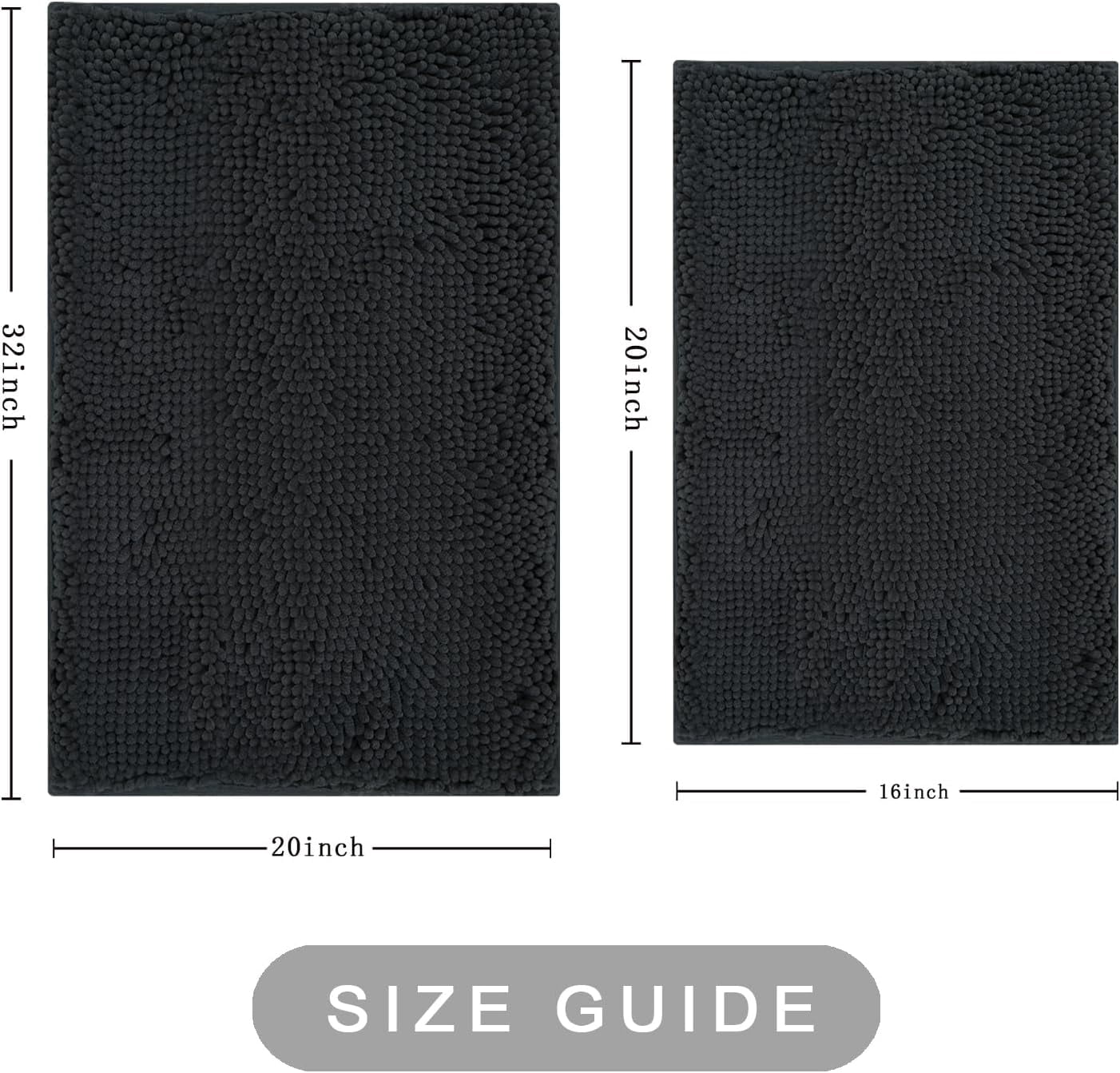 Bathroom Rugs Sets 2 Piece, Ultra Soft Absorbent Bath mat Chenille Bathroom Rug, Antiskid Bath mats Washable Bathroom mat (20x32 inch + 16x24 inch) Dark Gray