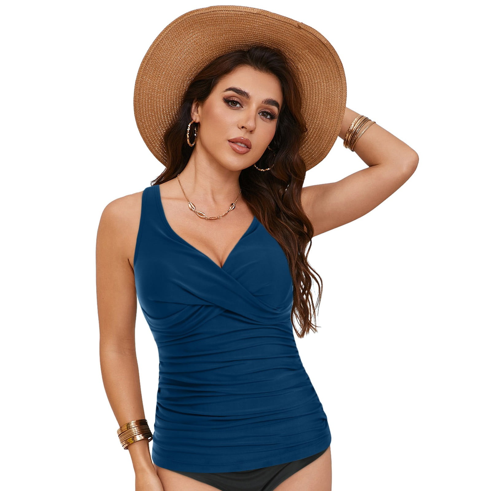 vigerkar Women Tankini Bathing Suit Top - Twist Front V Neck Swim Top Ruched Tummy Control Top Only No Bottom 2025 Blue, S