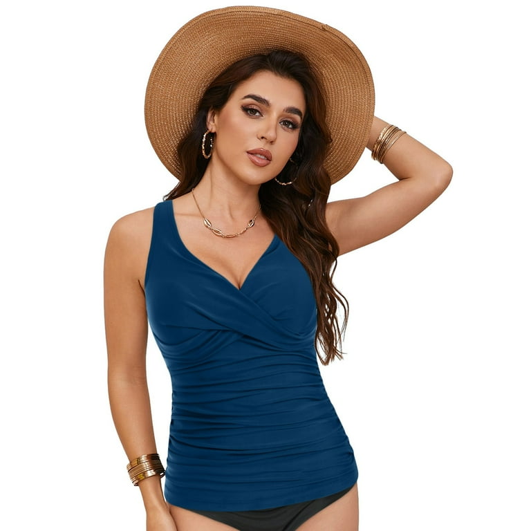 Vigerkar Tankini Tops For Women Tummy Control No Underwire Bathing Suits Twist Swimwear Push Up Tops Only Blue, S