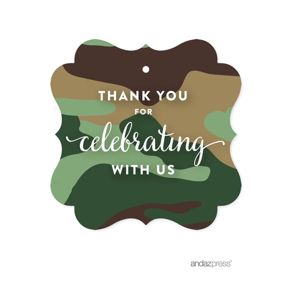 Thank You For Celebrating With Us! Green Woodland Camouflage Boy Baby Shower Fancy Frame Gift Tags, 24-Pack