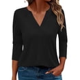 thumbnail image 2 of 3/4 Length Sleeve Womens Tops Spring Summer V Neck Plain Casual Blouse Office Work Shirts Solid Basic Tee Tops, 2 of 6