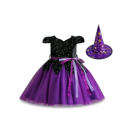 

Bebiullo Toddler Girls Halloween Outfit Contrast Color Mesh Tutu Dress with Witch Hat Little Girl Party A-line Dresses Purple