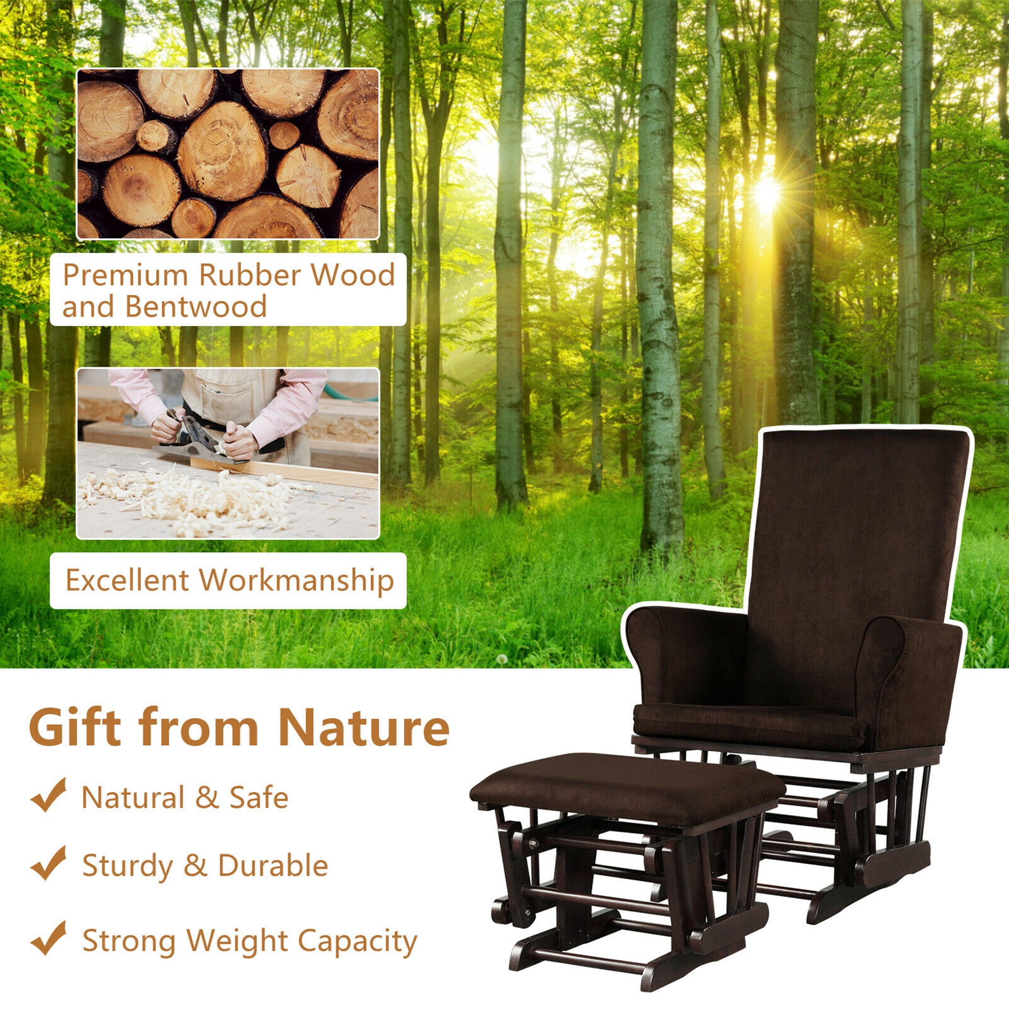Gymax Glider and Ottoman Cushion Set Wooden Baby Nursery Rocking Chair Brown