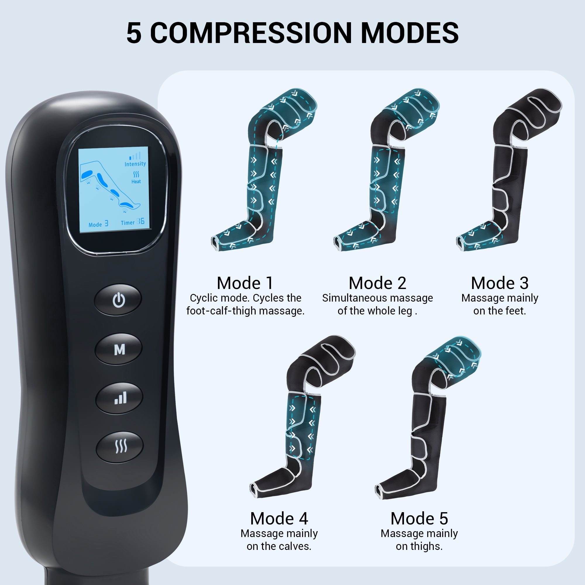 MYNT Leg Massager with Heat and Compression for Foot, Calf, and Thigh Circulation, 5 Modes, Plus Size, Black