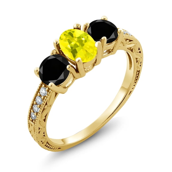 Gem Stone King 2.02 Ct Oval Canary Mystic Topaz Black Diamond 18K Yellow Gold Plated Silver Moissanite Ring (Size 8)