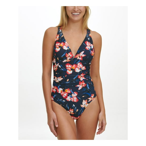 TOMMY HILFIGER Women's Navy Floral Removable Cups Lined Deep V Neck Strappy One Piece Swimsuit 6
