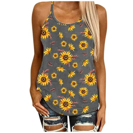 

YFPWM Summer Tunics for Women 2022 Floral Smocked Tops Business Office Top Plus Size Corset Top Business Causal Tops Sun Flower Print O-Neck Sleeveless Blouse
