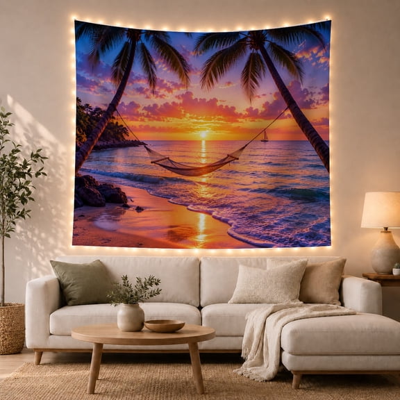 Tropical Beach Sunset with Hammock Between Palm Trees, Serene Coastal Wall Art for Beach Lovers, Nature Inspired Decor Housewarming Gift Tapestry Wall Hanging for Bedroom, Living Room