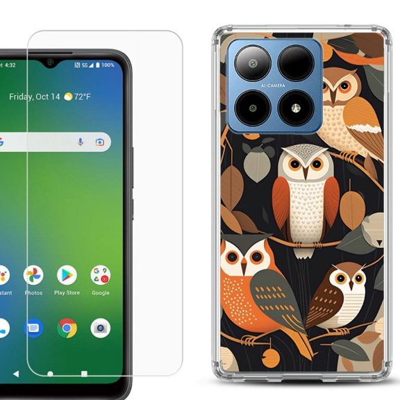 For Boost Mobile Summit 5G Shockproof Phone Case Cover with Tempered Glass Screen Protector, by OneToughShield - Owl Mix