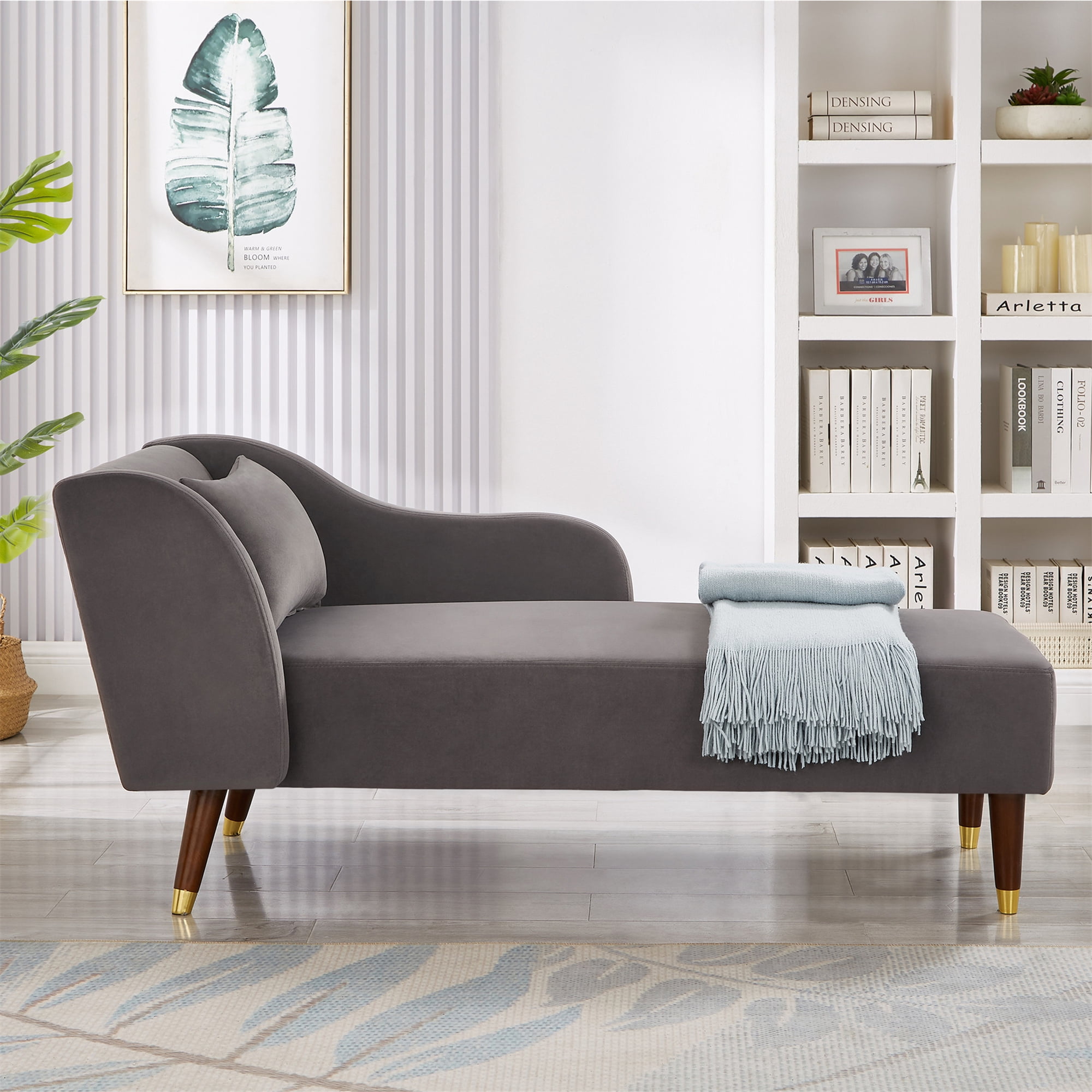 Aukfa 58" Velvet Chaise Lounge Indoor Upholstered Sofa w/ Pillow for Living Room Bedroom, Gray