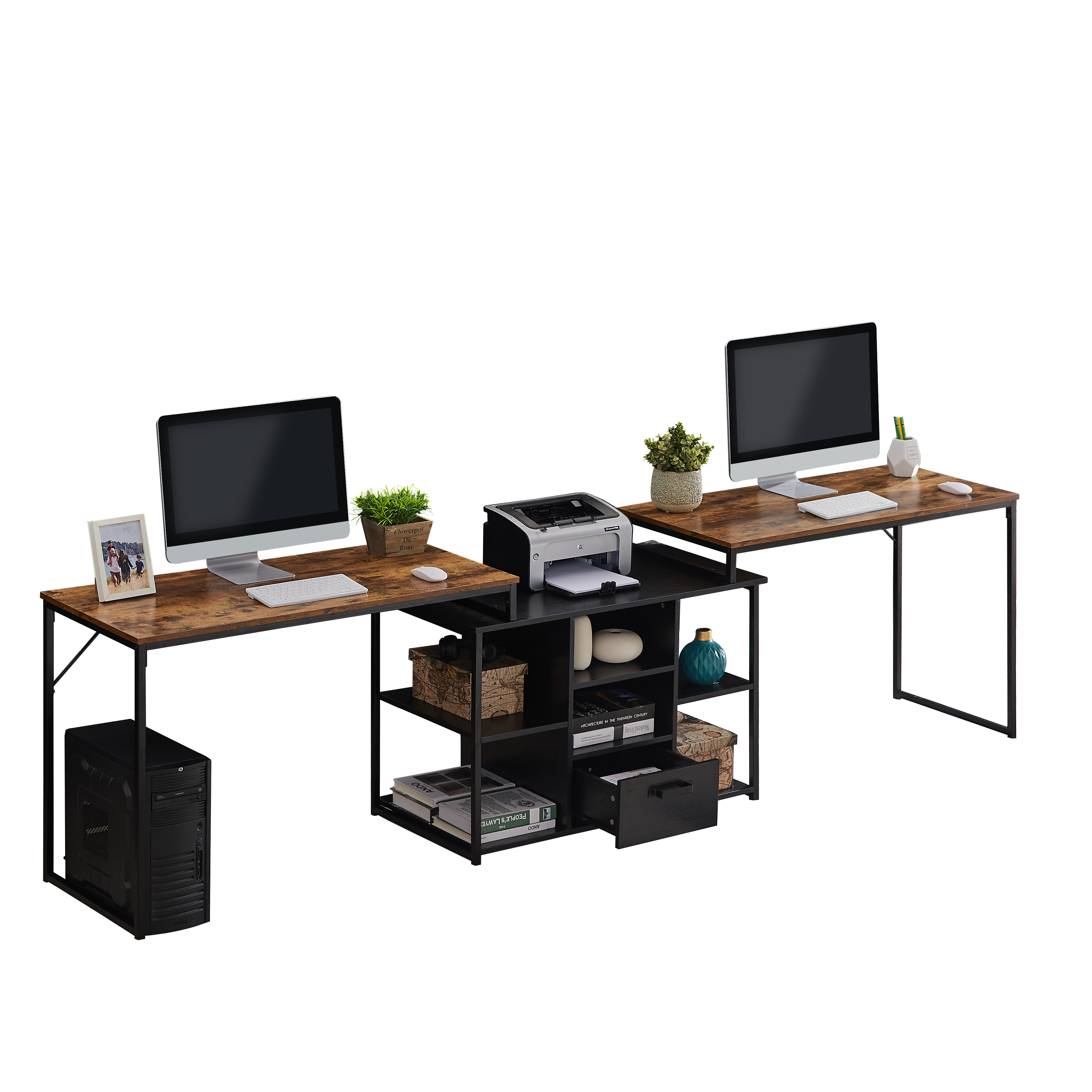 Double Writing Desk for Two Persons, Large Workstation with Storage