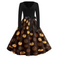 thumbnail image 2 of Women's Halloween Dress Spider Pumpkin V Neck 1950s Cocktail Retro Dress Long Sleeve Hepburn Classic Fall Tea Length Dress with Belt M, 2 of 5