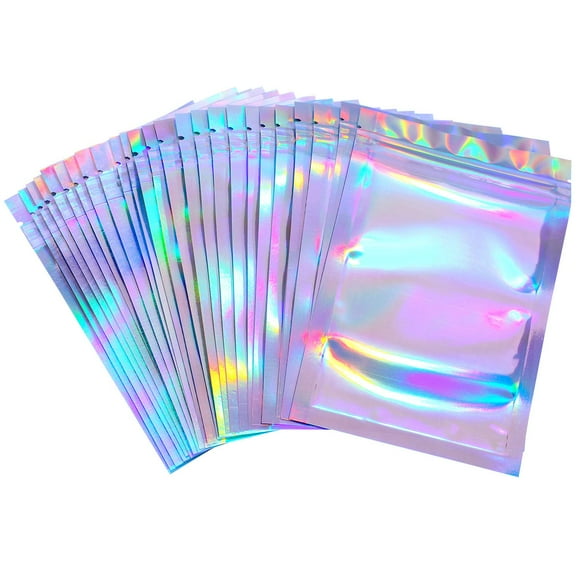 Zootealy 100 Pieces Resealable Smell Proof Bags Foil Pouch Bag Flat Storage Bag for Party Favor Food Storage , Holographic Color)