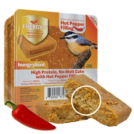 Hungrybird Energy  No-Melt, High-Protein Suet Cake with Hot Pepper Filling for Outside Wild Bird Feeders