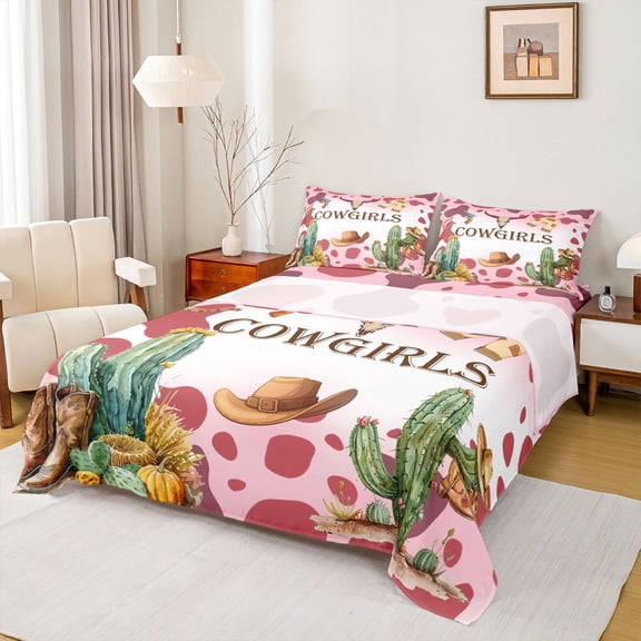 jejeloiu Cowgirl Watercolor Desert Full Size Sheets Kids,Pink Cow Print Bed Sheets,4-Piece